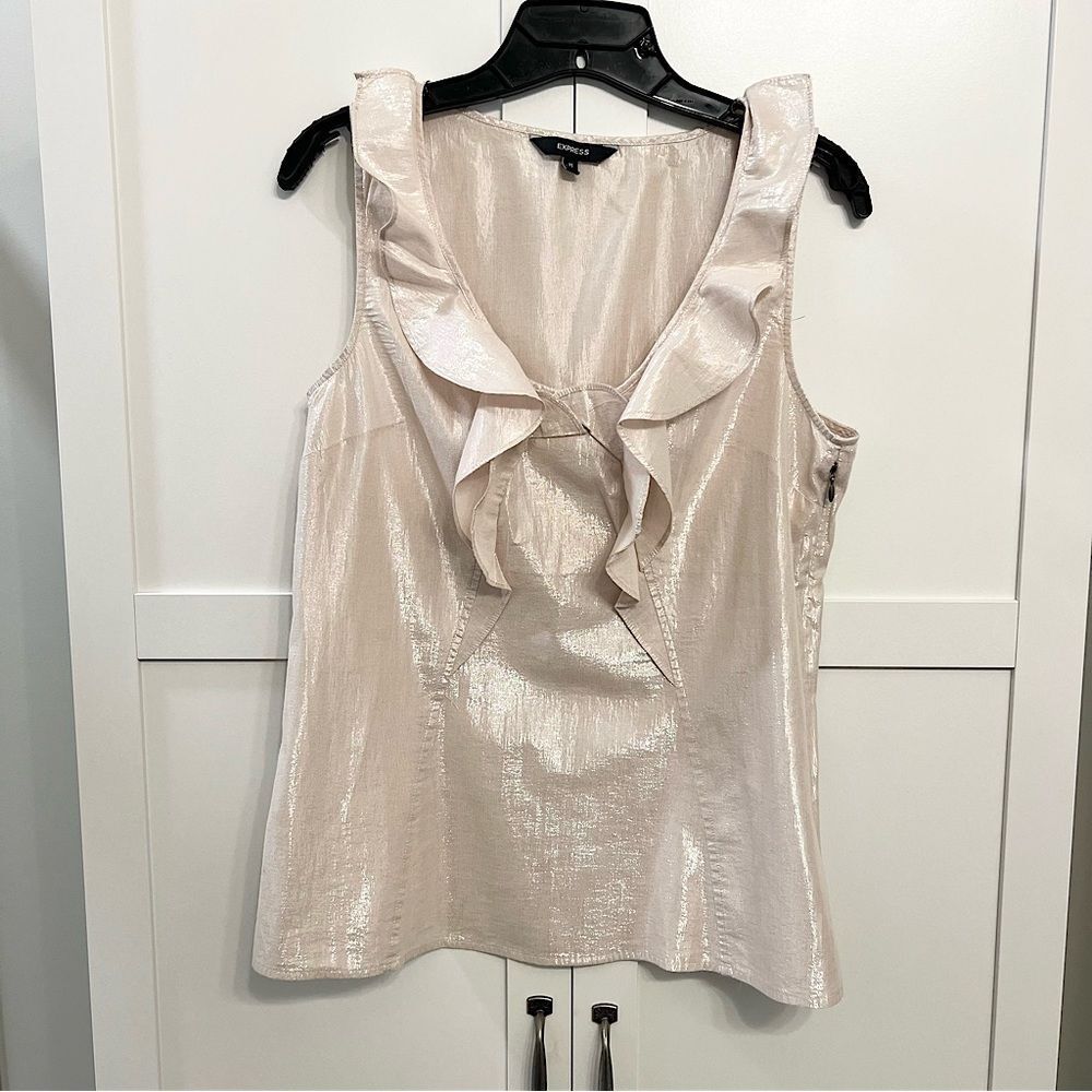 Express Metallic Shine Ruffle Front Tank